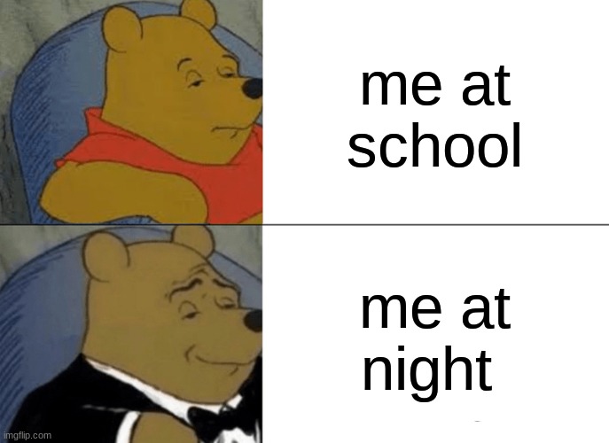 me pov | me at school; me at night | image tagged in memes,tuxedo winnie the pooh | made w/ Imgflip meme maker