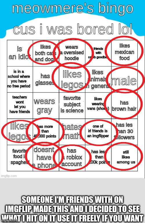 lol | SOMEONE I'M FRIENDS WITH ON IMGFLIP MADE THIS AND I DECIDED TO SEE WHAT I HIT ON IT USE IT FREELY IF YOU WANT | image tagged in meowmere's bingo,lol | made w/ Imgflip meme maker