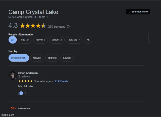 Review on camp crystal lake | image tagged in review on camp crystal lake | made w/ Imgflip meme maker