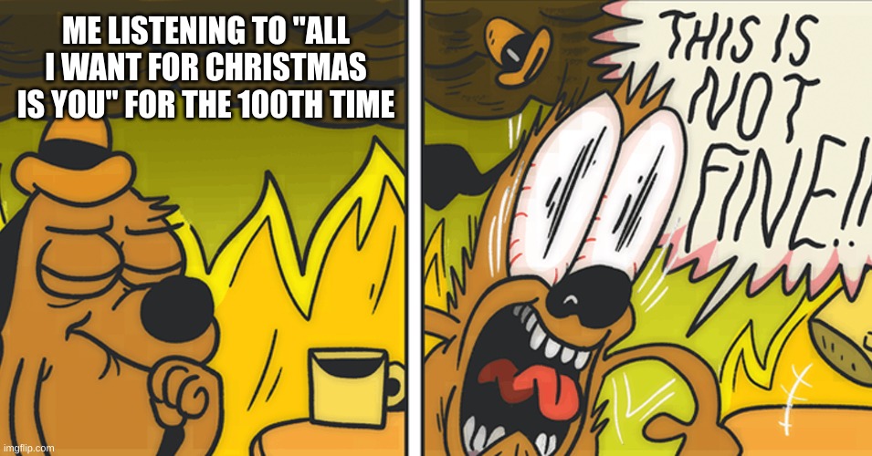 it's at the start of every christmas playlist | ME LISTENING TO "ALL I WANT FOR CHRISTMAS IS YOU" FOR THE 100TH TIME | image tagged in this is not fine | made w/ Imgflip meme maker