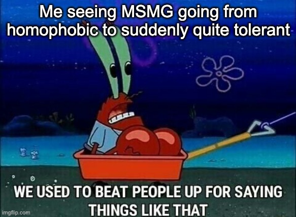 Mr. Krabs We used to beat people up for saying things like that | Me seeing MSMG going from homophobic to suddenly quite tolerant | image tagged in mr krabs we used to beat people up for saying things like that | made w/ Imgflip meme maker