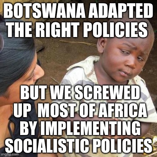 Third World Skeptical Kid | BOTSWANA ADAPTED THE RIGHT POLICIES; BUT WE SCREWED UP  MOST OF AFRICA BY IMPLEMENTING SOCIALISTIC POLICIES | image tagged in memes,third world skeptical kid | made w/ Imgflip meme maker