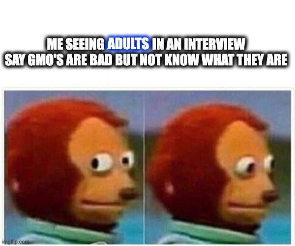 Made this cuz it's a grade ;p | ADULTS; ME SEEING                   IN AN INTERVIEW SAY GMO'S ARE BAD BUT NOT KNOW WHAT THEY ARE | image tagged in memes,monkey puppet,gmo,science | made w/ Imgflip meme maker