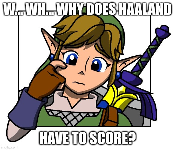 Confused Link | W... WH... WHY DOES HAALAND; HAVE TO SCORE? | image tagged in confused link | made w/ Imgflip meme maker