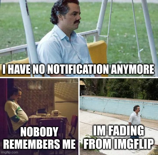 me over the past days | I HAVE NO NOTIFICATION ANYMORE; NOBODY REMEMBERS ME; IM FADING FROM IMGFLIP | image tagged in memes,sad pablo escobar | made w/ Imgflip meme maker