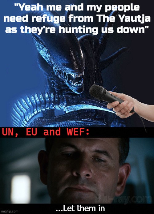 The Yautja = Predator | "Yeah me and my people need refuge from The Yautja as they're hunting us down"; UN, EU and WEF:; ...Let them in | image tagged in alien,classic movies,politics | made w/ Imgflip meme maker