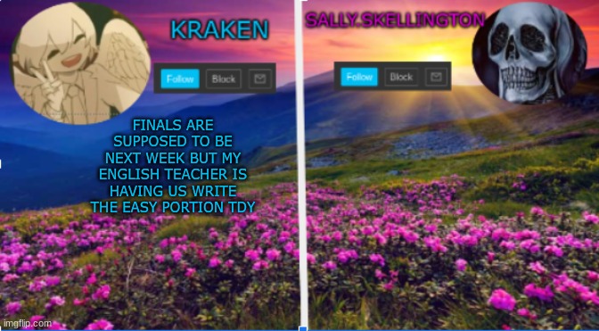 sally.skellington and kraken announcment template | FINALS ARE SUPPOSED TO BE NEXT WEEK BUT MY ENGLISH TEACHER IS HAVING US WRITE THE EASY PORTION TDY | image tagged in sallie skellington and kraken announcment template | made w/ Imgflip meme maker