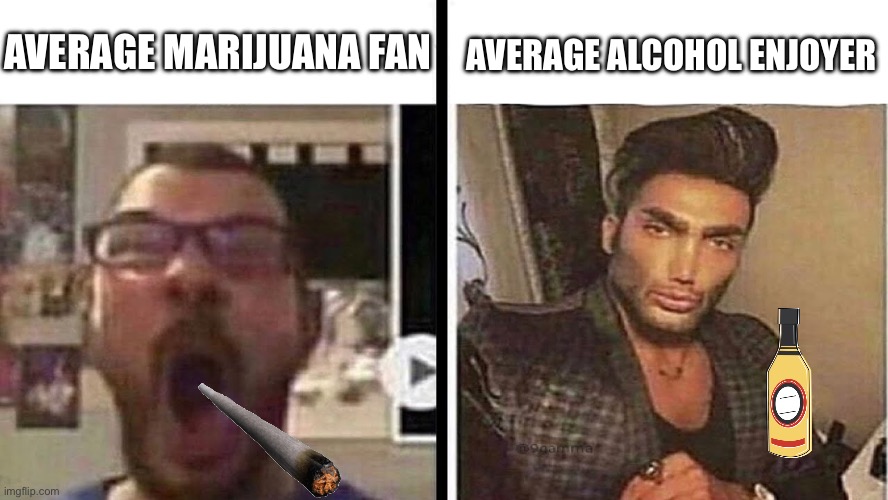 virgin vs chad | AVERAGE ALCOHOL ENJOYER; AVERAGE MARIJUANA FAN | image tagged in virgin vs chad,marijuana,weed,alcohol,shitpost,drinking | made w/ Imgflip meme maker