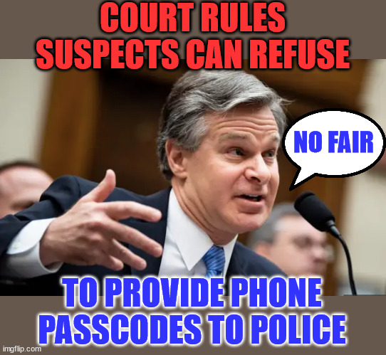 Just the idea of having to have this decided by a court is repugnant... | COURT RULES SUSPECTS CAN REFUSE; NO FAIR; TO PROVIDE PHONE PASSCODES TO POLICE | image tagged in chris wray fbi,crooked,fbi,hate,the constitution | made w/ Imgflip meme maker