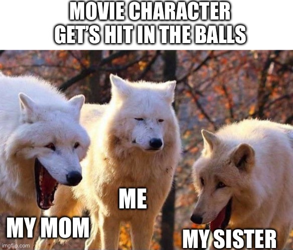 Pain | MOVIE CHARACTER GET’S HIT IN THE BALLS; ME; MY MOM; MY SISTER | image tagged in laughing wolf | made w/ Imgflip meme maker