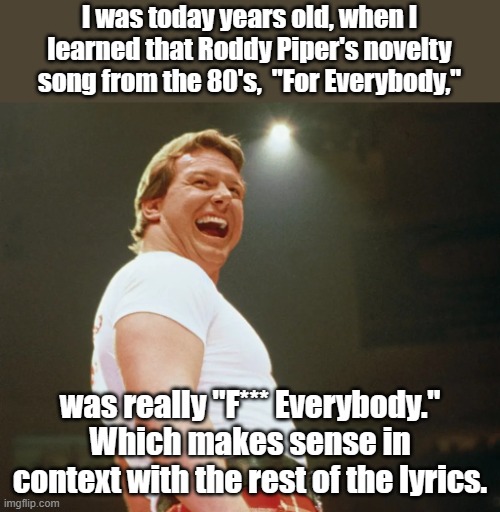 Available to listen to on YouTube. | I was today years old, when I learned that Roddy Piper's novelty song from the 80's,  "For Everybody,"; was really "F*** Everybody." Which makes sense in context with the rest of the lyrics. | image tagged in roddy piper | made w/ Imgflip meme maker