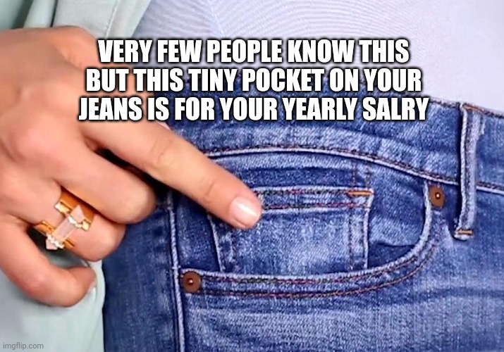 few people know this tiny pocket | VERY FEW PEOPLE KNOW THIS BUT THIS TINY POCKET ON YOUR JEANS IS FOR YOUR YEARLY SALRY | image tagged in few people know this tiny pocket | made w/ Imgflip meme maker