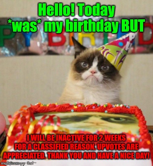 I hope the best of luck on your memes, guys. :) | Hello! Today *was* my birthday BUT; I WILL BE INACTIVE FOR 2 WEEKS FOR A CLASSIFIED REASON. UPVOTES ARE APPRECIATED. THANK YOU AND HAVE A NICE DAY! | image tagged in memes,grumpy cat birthday,grumpy cat,funny | made w/ Imgflip meme maker