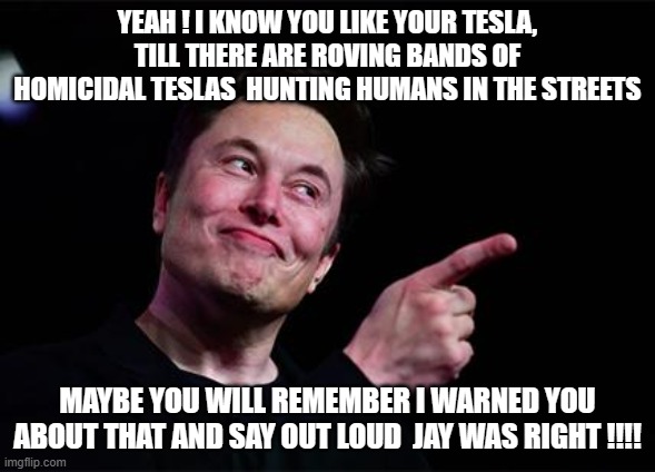 Elon musk | YEAH ! I KNOW YOU LIKE YOUR TESLA, TILL THERE ARE ROVING BANDS OF HOMICIDAL TESLAS  HUNTING HUMANS IN THE STREETS; MAYBE YOU WILL REMEMBER I WARNED YOU ABOUT THAT AND SAY OUT LOUD  JAY WAS RIGHT !!!! | image tagged in elon musk | made w/ Imgflip meme maker