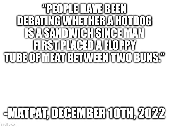 Good afternoon chat | “PEOPLE HAVE BEEN DEBATING WHETHER A HOTDOG IS A SANDWICH SINCE MAN FIRST PLACED A FLOPPY TUBE OF MEAT BETWEEN TWO BUNS.”; -MATPAT, DECEMBER 10TH, 2022 | image tagged in blank white template | made w/ Imgflip meme maker