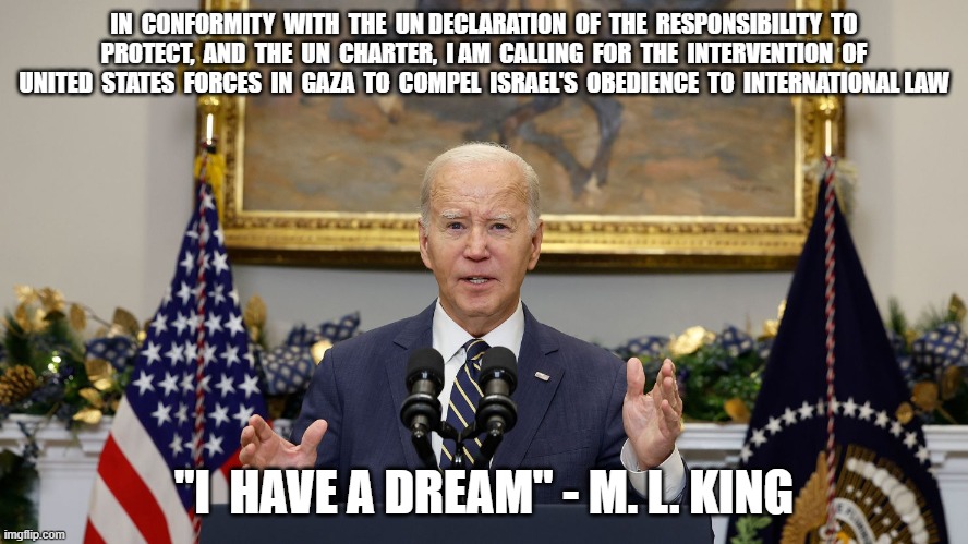 I Have A Dream | IN  CONFORMITY  WITH  THE  UN DECLARATION  OF  THE  RESPONSIBILITY  TO  PROTECT,  AND  THE  UN  CHARTER,  I AM  CALLING  FOR  THE  INTERVENTION  OF  UNITED  STATES  FORCES  IN  GAZA  TO  COMPEL  ISRAEL'S  OBEDIENCE  TO  INTERNATIONAL LAW; "I  HAVE A DREAM" - M. L. KING | image tagged in joe biden | made w/ Imgflip meme maker