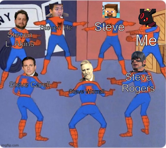 Spider-Man 7 | Steven He; Steve; Me; Steven L. Akins; Steve Rogers; Steve Carell; Steve Worrall | image tagged in spider-man 7 | made w/ Imgflip meme maker