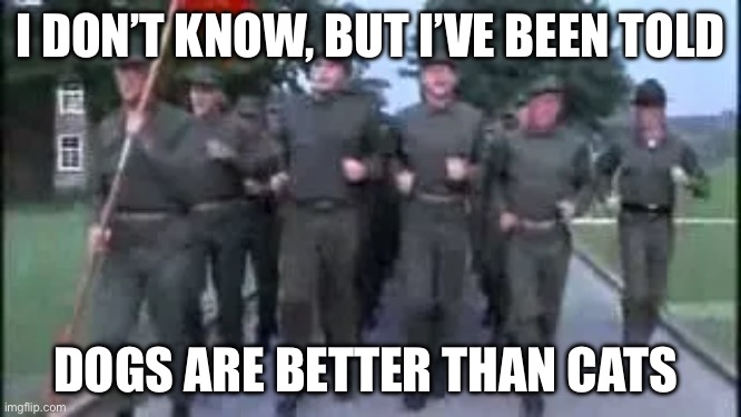 I DON’T KNOW, BUT I’VE BEEN TOLD; DOGS ARE BETTER THAN CATS | image tagged in full metal jacket,dogs,cats | made w/ Imgflip meme maker