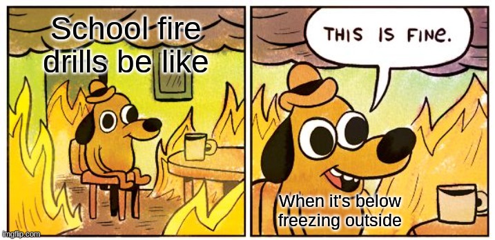 So true | School fire drills be like; When it's below freezing outside | image tagged in memes,this is fine | made w/ Imgflip meme maker