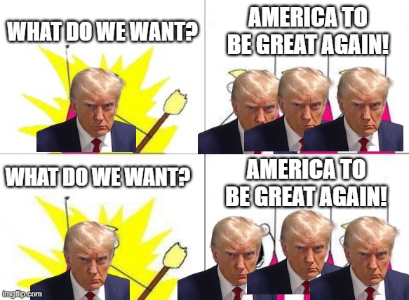What Do We Want Meme | WHAT DO WE WANT? AMERICA TO BE GREAT AGAIN! WHAT DO WE WANT? AMERICA TO BE GREAT AGAIN! | image tagged in memes,what do we want | made w/ Imgflip meme maker