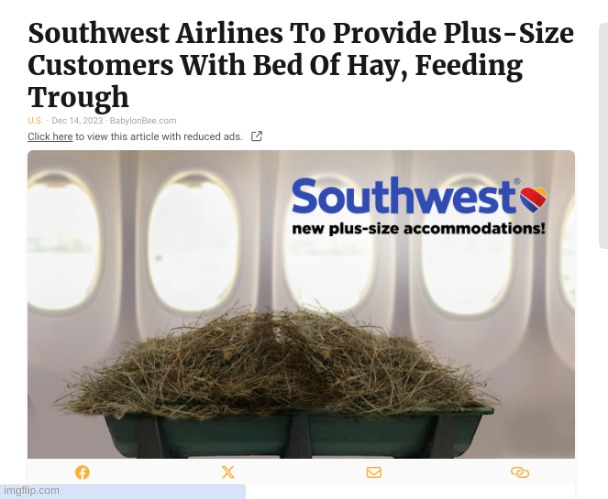 https://babylonbee.com/news/southwest-airlines-to-provide-customers-of-size-with-bed-of-hay-feeding-trough#google_vignette | made w/ Imgflip meme maker