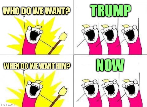 Who Do We Want | WHO DO WE WANT? TRUMP; NOW; WHEN DO WE WANT HIM? | image tagged in memes,what do we want | made w/ Imgflip meme maker