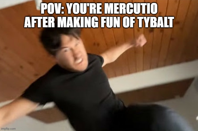 Tybat Capp is certainly angry | POV: YOU'RE MERCUTIO AFTER MAKING FUN OF TYBALT | image tagged in markiplier punch,sims,gaming | made w/ Imgflip meme maker
