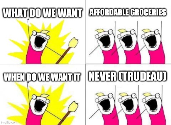 What Do We Want | WHAT DO WE WANT; AFFORDABLE GROCERIES; NEVER (TRUDEAU); WHEN DO WE WANT IT | image tagged in memes,what do we want | made w/ Imgflip meme maker