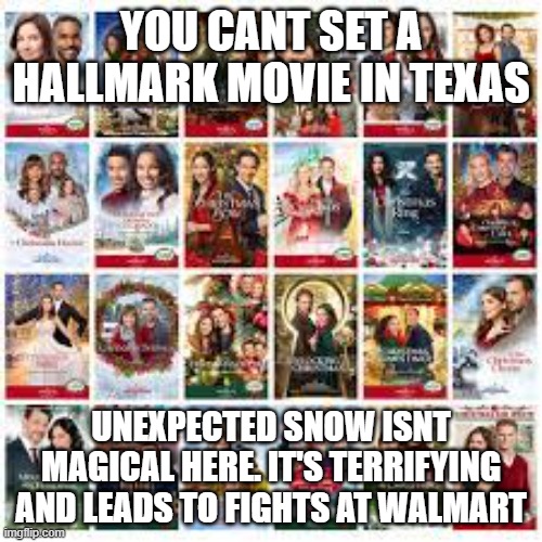 hallmark | YOU CANT SET A HALLMARK MOVIE IN TEXAS; UNEXPECTED SNOW ISNT MAGICAL HERE. IT'S TERRIFYING AND LEADS TO FIGHTS AT WALMART | image tagged in funny memes | made w/ Imgflip meme maker