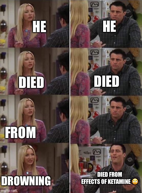 Phoebe teaching Joey in Friends | HE; HE; DIED; DIED; FROM; DIED FROM
EFFECTS OF KETAMINE 🙄; DROWNING | image tagged in phoebe teaching joey in friends | made w/ Imgflip meme maker