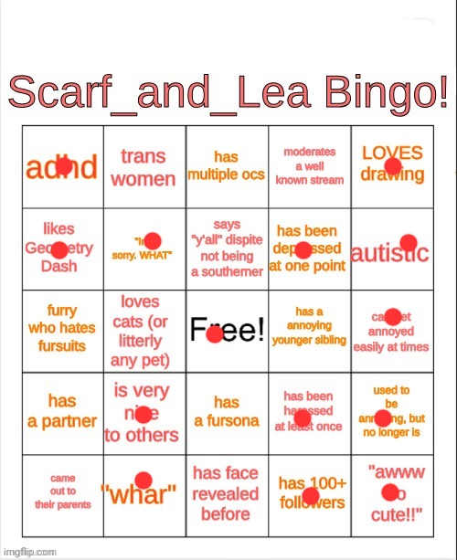 Scarf_and_Lea Bingo | image tagged in scarf_and_lea bingo | made w/ Imgflip meme maker