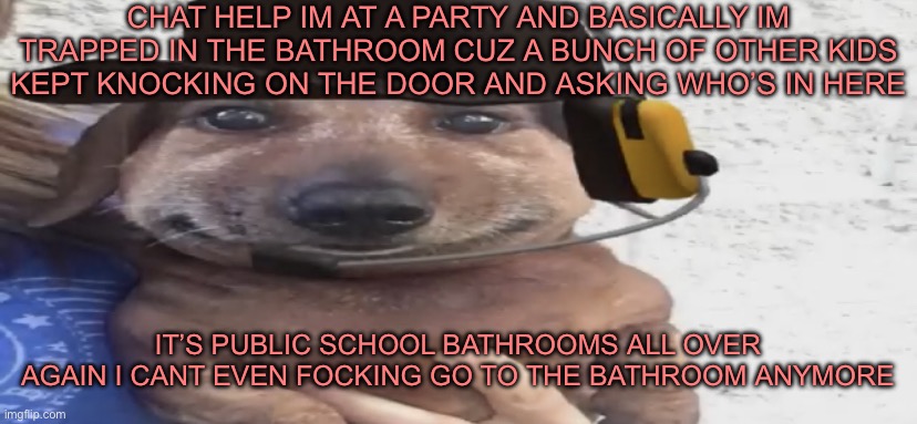 can’t even take a piss in ohi- | CHAT HELP IM AT A PARTY AND BASICALLY IM TRAPPED IN THE BATHROOM CUZ A BUNCH OF OTHER KIDS KEPT KNOCKING ON THE DOOR AND ASKING WHO’S IN HERE; IT’S PUBLIC SCHOOL BATHROOMS ALL OVER AGAIN I CANT EVEN FOCKING GO TO THE BATHROOM ANYMORE | image tagged in chucklenuts | made w/ Imgflip meme maker