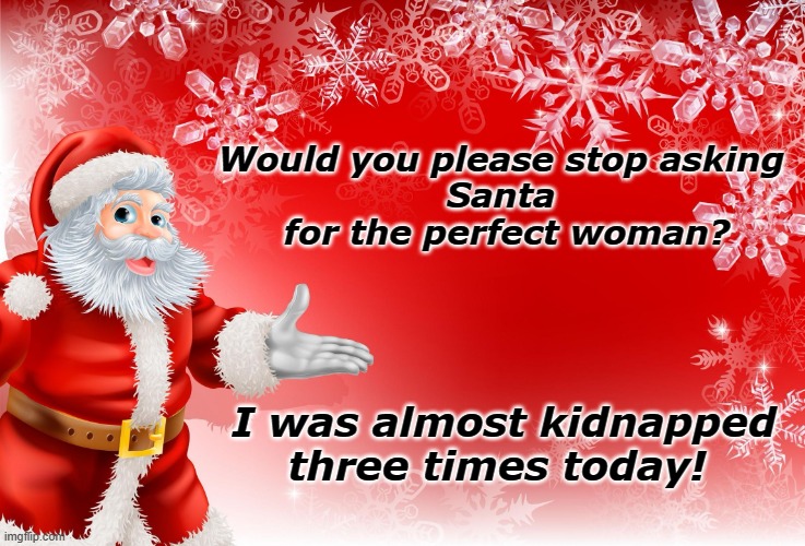 Asking Santa for the perfect woman | Would you please stop asking 
Santa 
for the perfect woman? I was almost kidnapped three times today! | image tagged in christmas santa blank | made w/ Imgflip meme maker