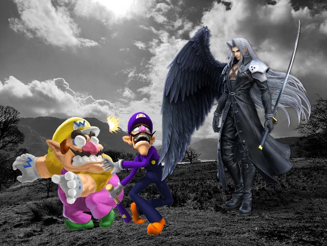 Wario and Waluigi dies by Sephiroth | image tagged in dark landscape,wario dies,waluigi,final fantasy 7,crossover | made w/ Imgflip meme maker