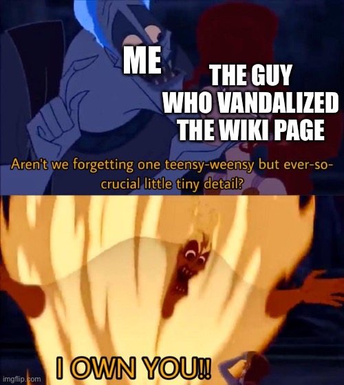 Hades I own you | ME; THE GUY WHO VANDALIZED THE WIKI PAGE | image tagged in hades i own you | made w/ Imgflip meme maker