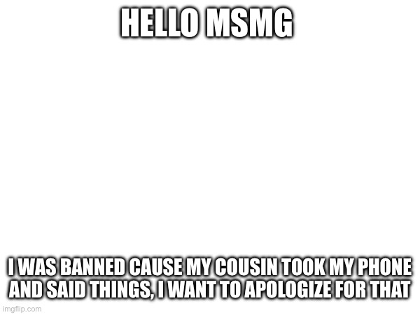 I was a fricking idiot for doing that | HELLO MSMG; I WAS BANNED CAUSE MY COUSIN TOOK MY PHONE AND SAID THINGS, I WANT TO APOLOGIZE FOR THAT | made w/ Imgflip meme maker