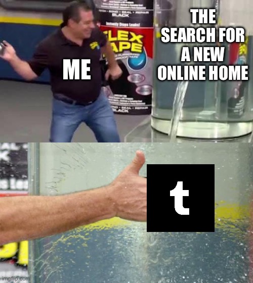 Flex Tape | THE SEARCH FOR A NEW ONLINE HOME; ME | image tagged in flex tape,tumblr,relatable memes,shitpost,dank memes,dank | made w/ Imgflip meme maker