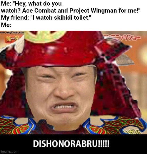 Shameful Display! | Me: "Hey, what do you watch? Ace Combat and Project Wingman for me!"
My friend: "I watch skibidi toilet."
Me: | image tagged in samurai,meme,shame,bruh,oh wow are you actually reading these tags | made w/ Imgflip meme maker