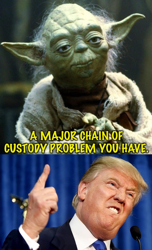 Yoda and Trump | A MAJOR CHAIN OF CUSTODY PROBLEM YOU HAVE. | image tagged in yoda and trump | made w/ Imgflip meme maker