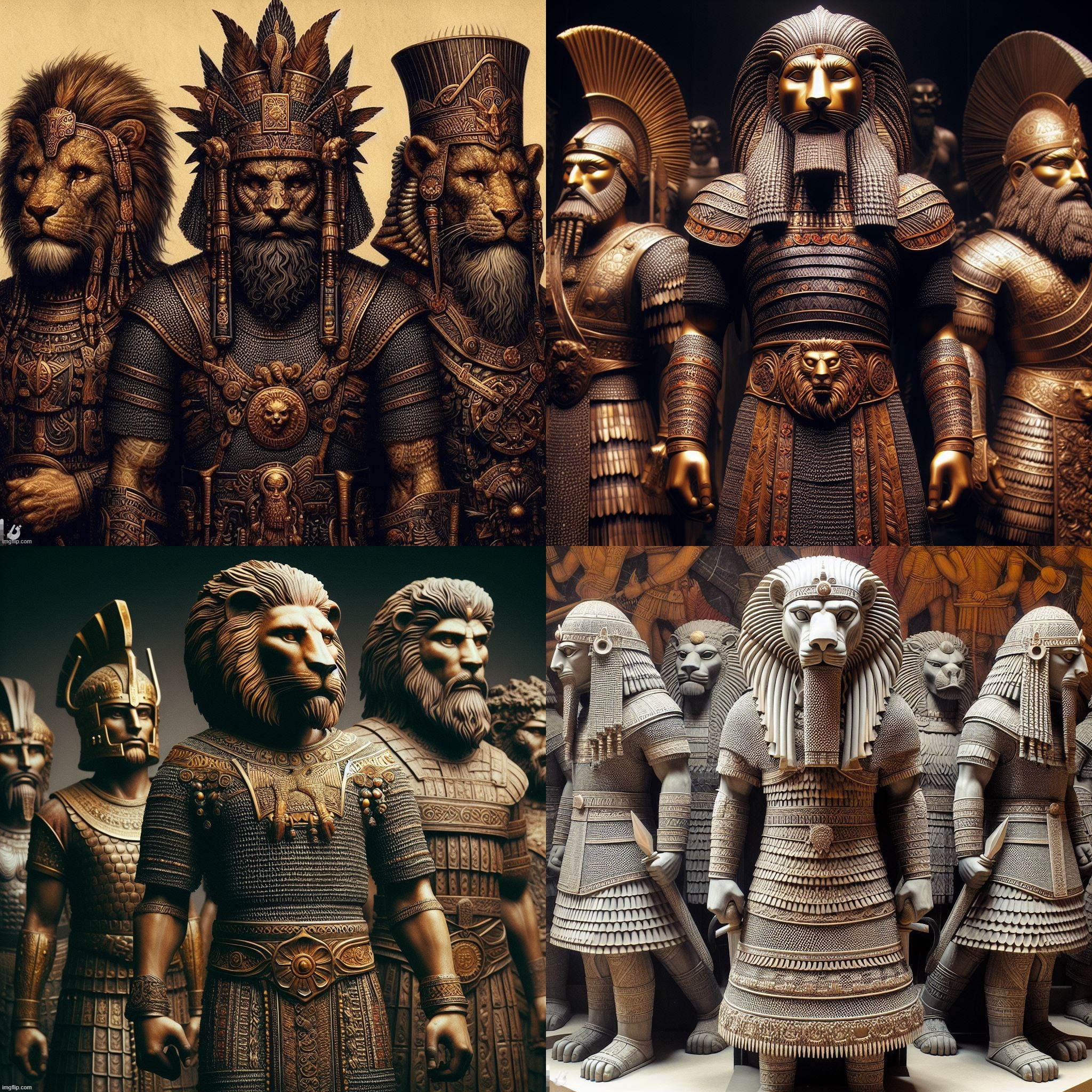AI Bing: Lion Beings in a fusion of Babylonian, British, and Celtic armor. (Nephilim? Aliens? Good? Bad?) | image tagged in ai generated,lion,babylonian,celtic,british,mythology | made w/ Imgflip meme maker