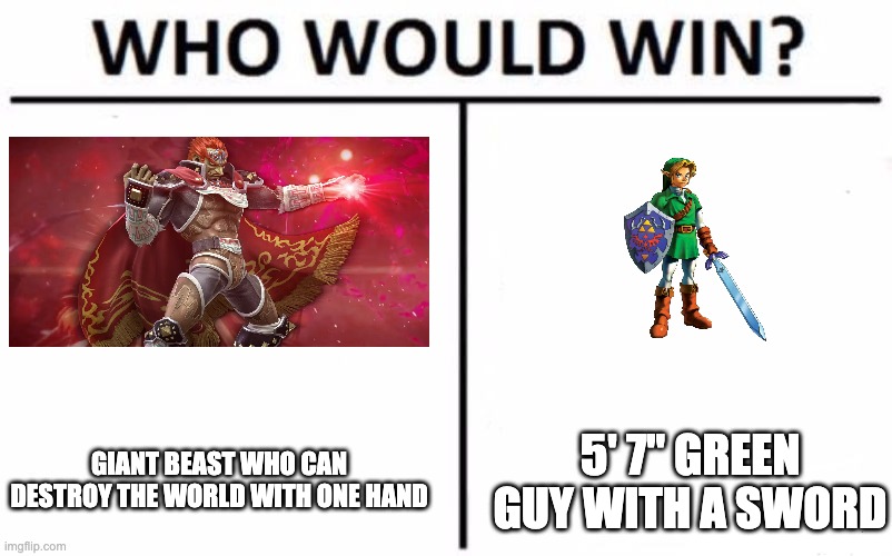 yes | GIANT BEAST WHO CAN DESTROY THE WORLD WITH ONE HAND; 5' 7" GREEN GUY WITH A SWORD | image tagged in memes,who would win | made w/ Imgflip meme maker