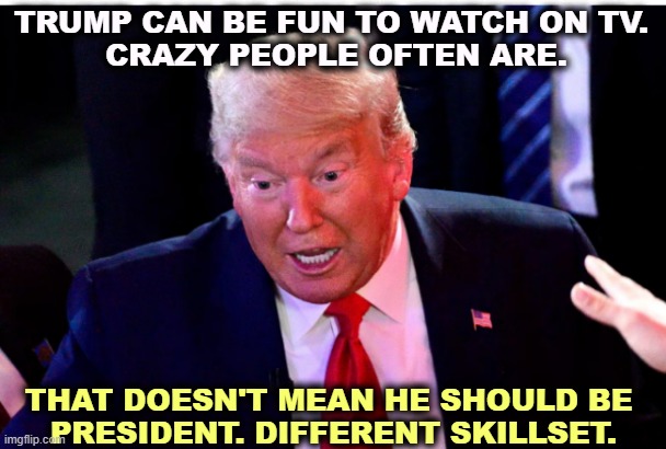 TRUMP CAN BE FUN TO WATCH ON TV. 
CRAZY PEOPLE OFTEN ARE. THAT DOESN'T MEAN HE SHOULD BE 
PRESIDENT. DIFFERENT SKILLSET. | image tagged in trump,crazy,insane,nuts,crackers,president | made w/ Imgflip meme maker
