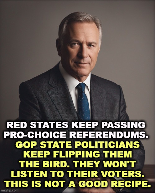 American voters want abortion rights. Republican politicians ignore them. | RED STATES KEEP PASSING PRO-CHOICE REFERENDUMS. GOP STATE POLITICIANS KEEP FLIPPING THEM THE BIRD. THEY WON'T LISTEN TO THEIR VOTERS. THIS IS NOT A GOOD RECIPE. | image tagged in america,pro-choice,republican,politicians,deaf,stupid | made w/ Imgflip meme maker