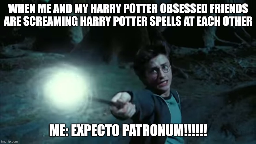 Dont ask | WHEN ME AND MY HARRY POTTER OBSESSED FRIENDS ARE SCREAMING HARRY POTTER SPELLS AT EACH OTHER; ME: EXPECTO PATRONUM!!!!!! | image tagged in expecto patronum harry potter | made w/ Imgflip meme maker