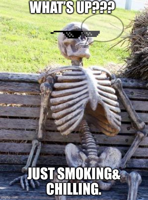 Waiting Skeleton | WHAT’S UP??? JUST SMOKING& CHILLING. | image tagged in memes,waiting skeleton | made w/ Imgflip meme maker