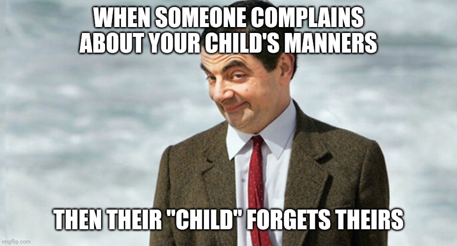 So you're not so perfect either | WHEN SOMEONE COMPLAINS ABOUT YOUR CHILD'S MANNERS; THEN THEIR "CHILD" FORGETS THEIRS | image tagged in mr bean told you so | made w/ Imgflip meme maker