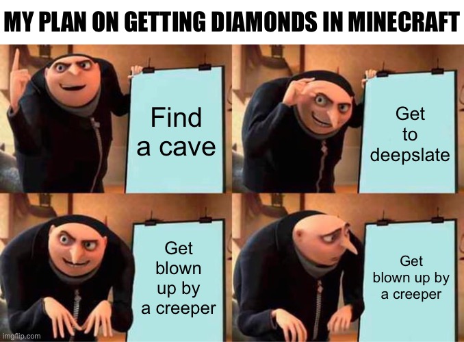 My plan on getting diamonds in minecraft. (Help me) | MY PLAN ON GETTING DIAMONDS IN MINECRAFT; Find a cave; Get to deepslate; Get blown up by a creeper; Get blown up by a creeper | image tagged in memes,gru's plan | made w/ Imgflip meme maker