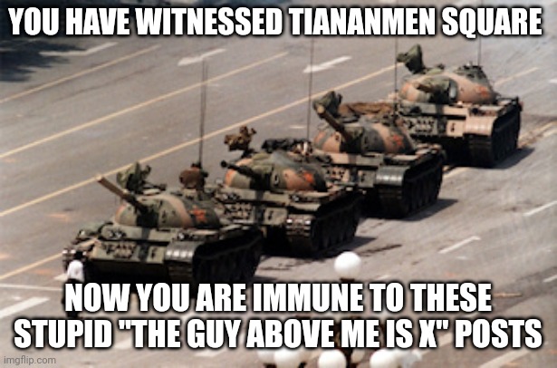 Tiananmen Tank Man | YOU HAVE WITNESSED TIANANMEN SQUARE; NOW YOU ARE IMMUNE TO THESE STUPID "THE GUY ABOVE ME IS X" POSTS | image tagged in tiananmen tank man | made w/ Imgflip meme maker