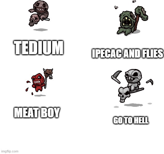 the harbringer be like: | TEDIUM; IPECAC AND FLIES; MEAT BOY; GO TO HELL | image tagged in the binding of isaac | made w/ Imgflip meme maker