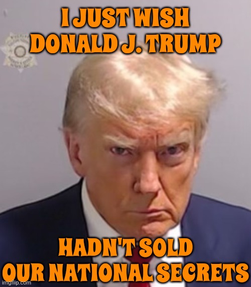 Lock. Him. Up. | I JUST WISH DONALD J. TRUMP; HADN'T SOLD OUR NATIONAL SECRETS | image tagged in donald trump mugshot,lock him up,trump,scumbag trump,traitor trump,memes | made w/ Imgflip meme maker